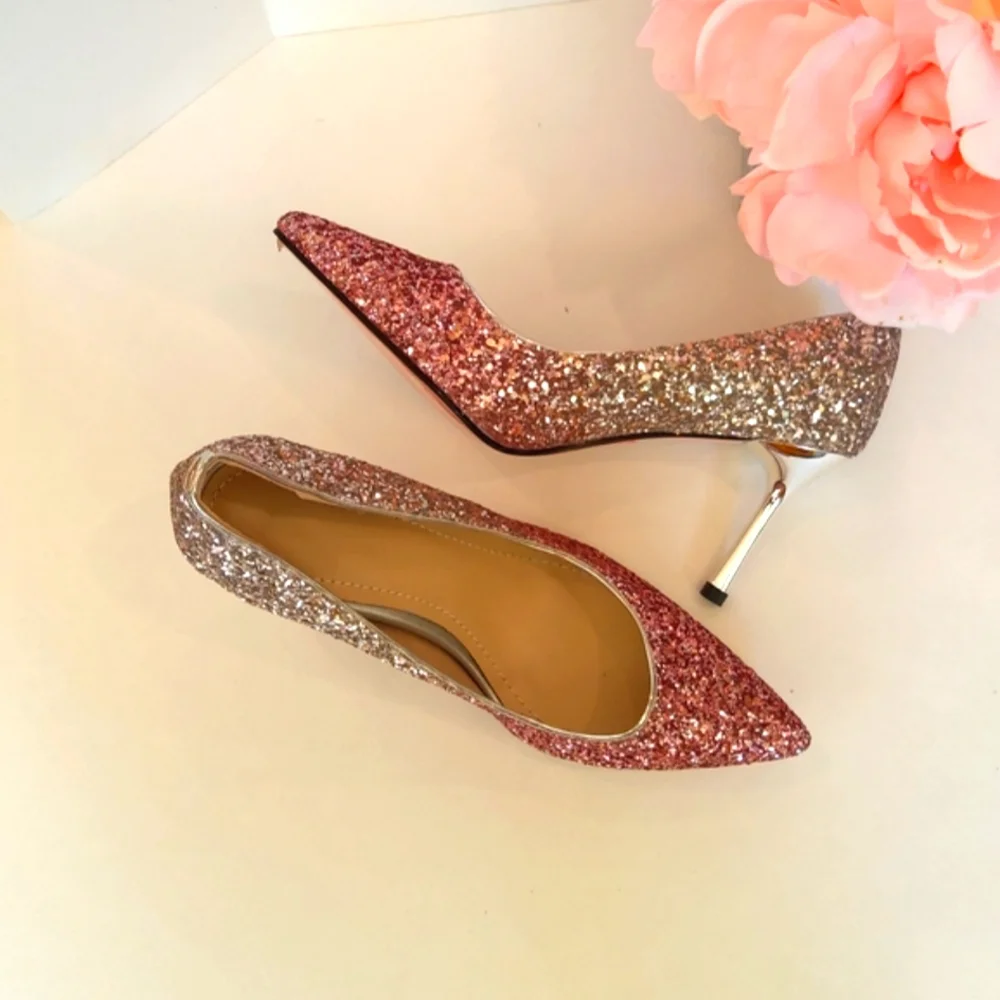 NEW ! Women's glamorous pink silver glitter high heels pumps Wedding Party Prom